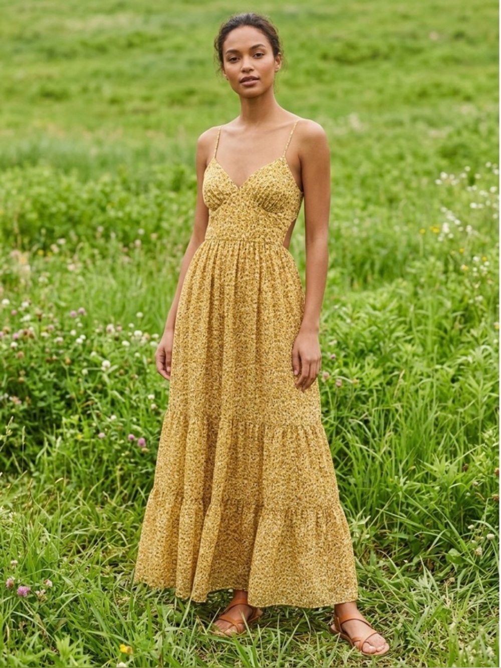 Y2K Mustard Floral Prairie Maxi Dress V-Neck Tiered Skirt Spaghetti Straps